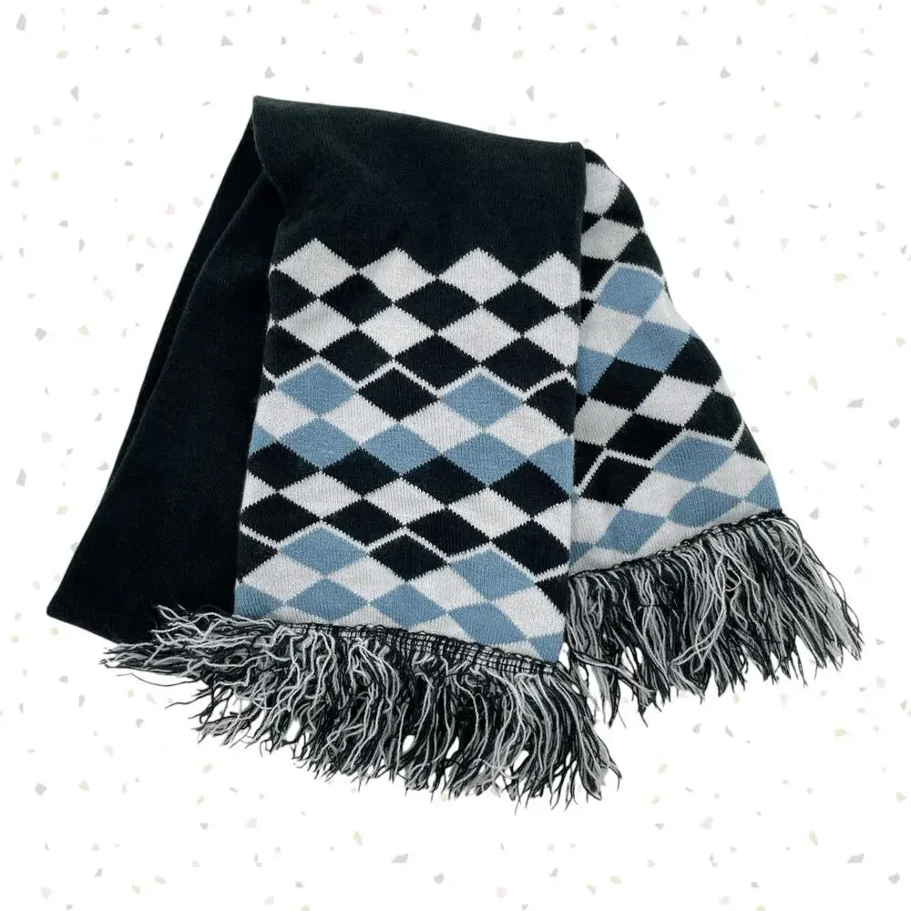 Argyle Scarf Set Classic Diamond Print Fringe Blue Navy & Forest Green 2 Pack
